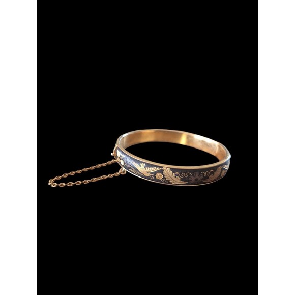 Vintage Damascene Spanish Style Hinged Bracelet Bird Flowers Gold Tone - Picture 3 of 3